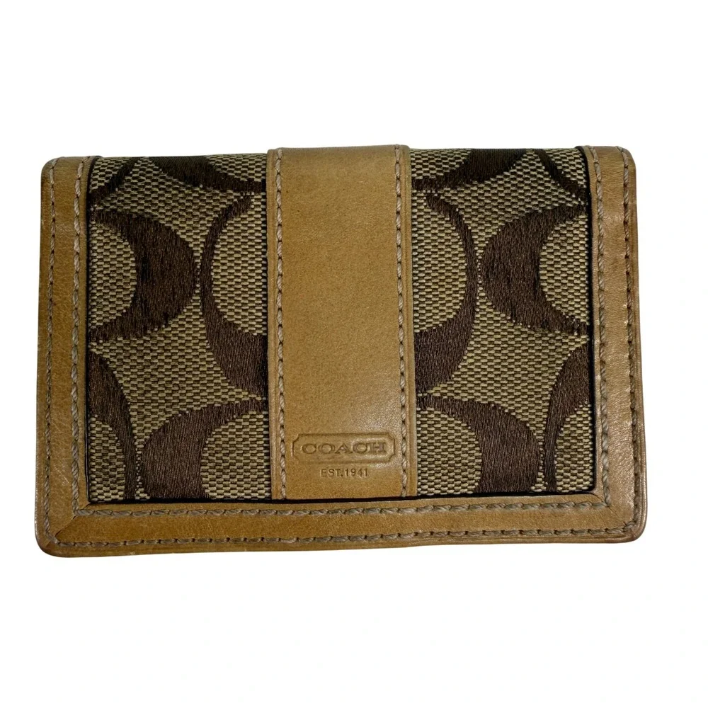 Coach Card Holder Signature Jacquard Leather Trim ID Holder Window Brown‎ Tan